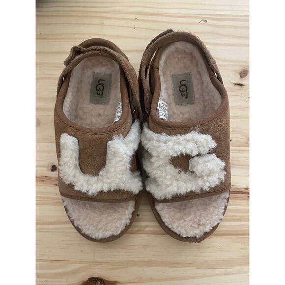 Ugg Unisex Toddler Size 12 Suede Slipper Slide Slip On Brown White - Picture 1 of 7